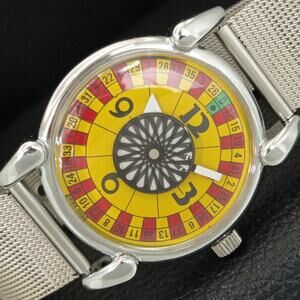 Vintage 1971 Roulette Manual Mens Silver Watch W/Steel Strap & Yellow accents